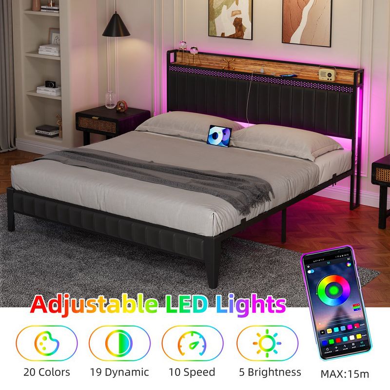 Upholstered Bed Frame with Charging Station and LED Lights, 3 of 10