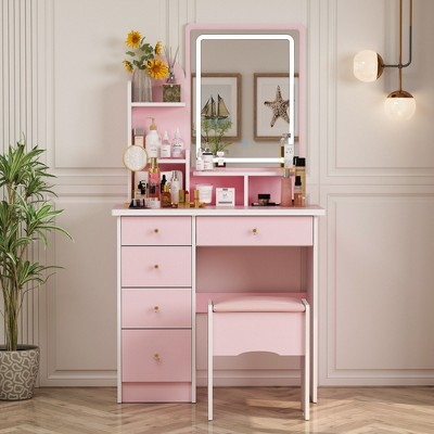 Famapy 31.5''W Dressing Desk Makeup Vanity Set with Stool and Mirror Led Light Bedroom Accent