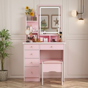 Famapy 31.5''W Dressing Desk Makeup Vanity Set with Stool and Mirror Led Light Bedroom Accent - 1 of 4