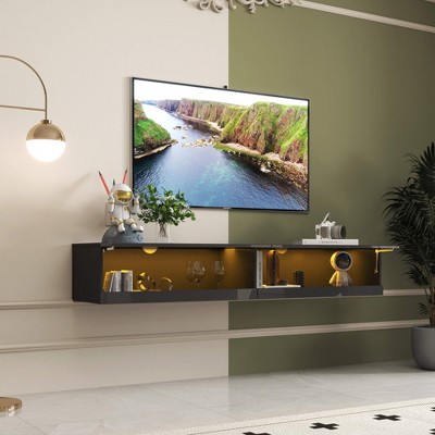 ORRD 180 Wall Mounted Floating 80" TV Stand with 20 Color LEDs and Charging Station