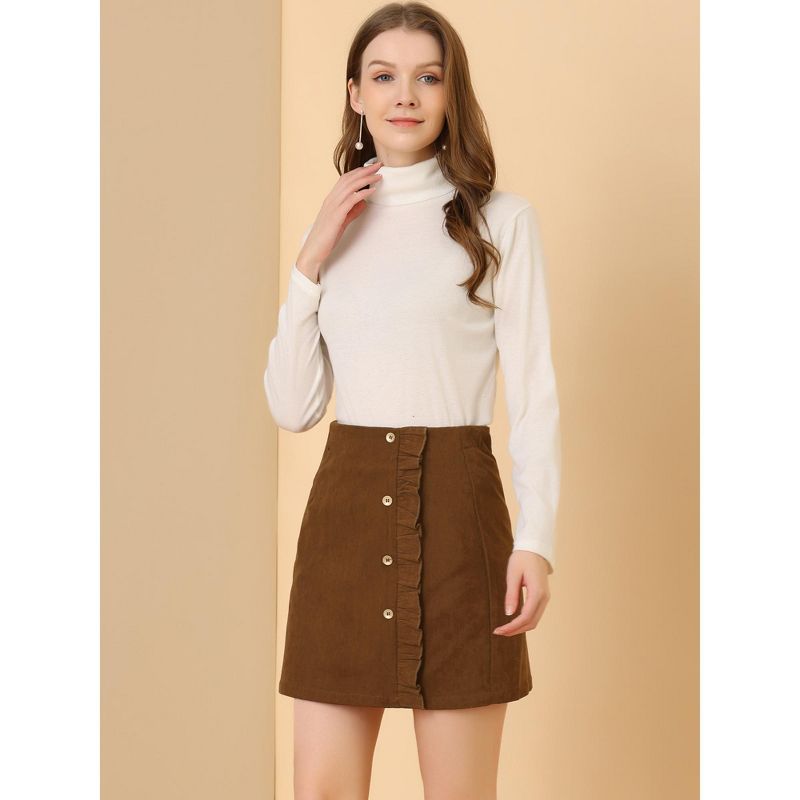 Allegra K Women's Corduroy Vintage Button Decor Ruffled Trim High Waist Mini Skirt, 2 of 6