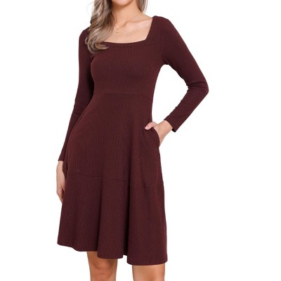 INSPIRE CHIC Women's Square Neck Casual Long Sleeve A Line Knit Pullover Dress with Pockets