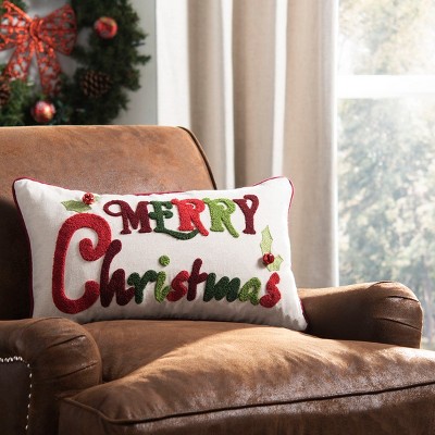 Merry Christmas Embroidered Rectangular Holiday Pillow
