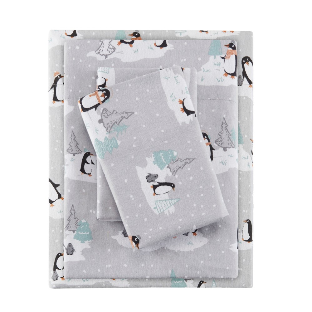 Photos - Bed Linen King Cozy Flannel Sheet Set Gray Penguins