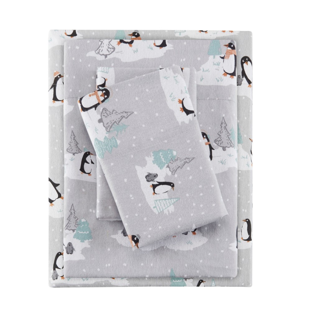 Photos - Bed Linen Queen Cozy Flannel Sheet Set Gray Penguins