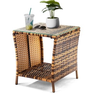 VINGLI Outdoor Wicker Side Table Patio Side Tables for Outside, Tempered Glass Top Wicker Table with Storage End Table for Balcony Porch Deck - 1 of 4
