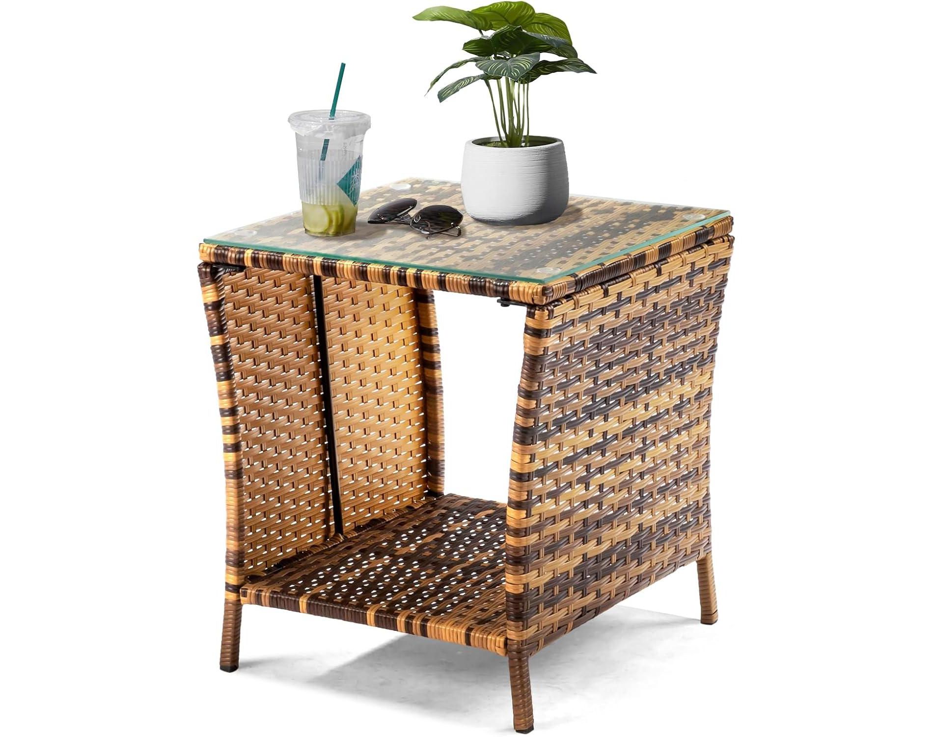 VINGLI Outdoor Wicker Side Table Patio Side Tables for Outside, Tempered Glass Top Wicker Table with Storage End Table for Balcony Porch Deck
