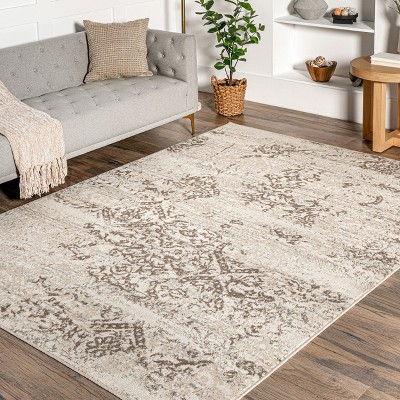 Beige Round Washable Floral Synthetic Area Rug