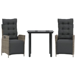 vidaXL 3 Piece Patio Dining Set Gray Poly Rattan with Cushions - Adjustable Reclining Chairs and Glass Tabletop for Garden, Backyard, or Patio - 1 of 4