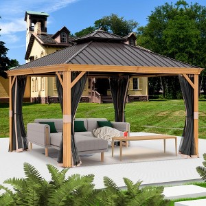 Kozyard Apollo Hardtop Gazebo Wooden Coated Aluminum Frame Canopy with Netting Galvanized Steel Double Roof for Patio Deck Lawn - 1 of 4