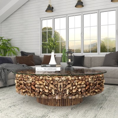 Handcrafted Driftwood Round Coffee Table with Glass Top, 48" Brown