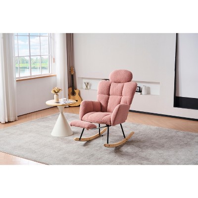 Grungis Teddy Fabric Rocking Chairs with High Backrest,Accent Chairs with Pillow and Footrest,Comfy Chairs for Living Room,Bedroom
