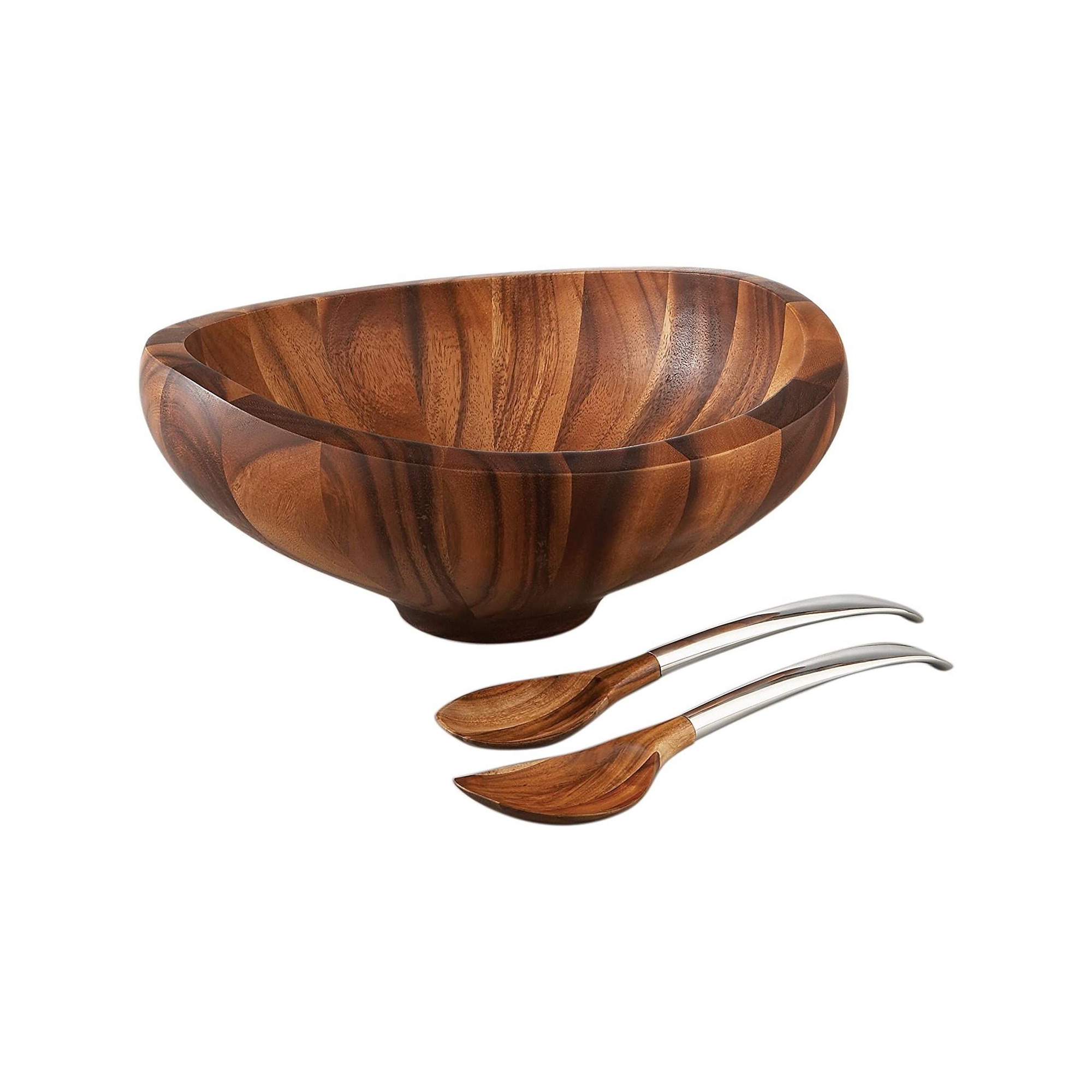 Nambe Butterfly Salad Bowl with Servers, 16-Inch Acacia Wood Bowl with 14-Inch Alloy Servers, Modern Table Centerpiece, Wood & Metal Design