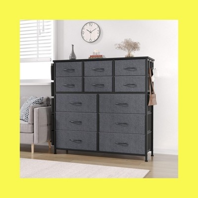Garvee Stylish Storage Dresser - Tall Unit with 12 Drawers, Featuring 5 Gray Fabric Bins, Sturdy Metal Frame