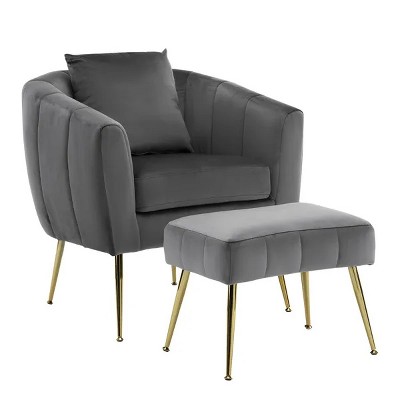 Velvet Accent Chair Set Barrel Chair with Ottoman Modern Club Chair Reading Armchair with Lumbar Pillow