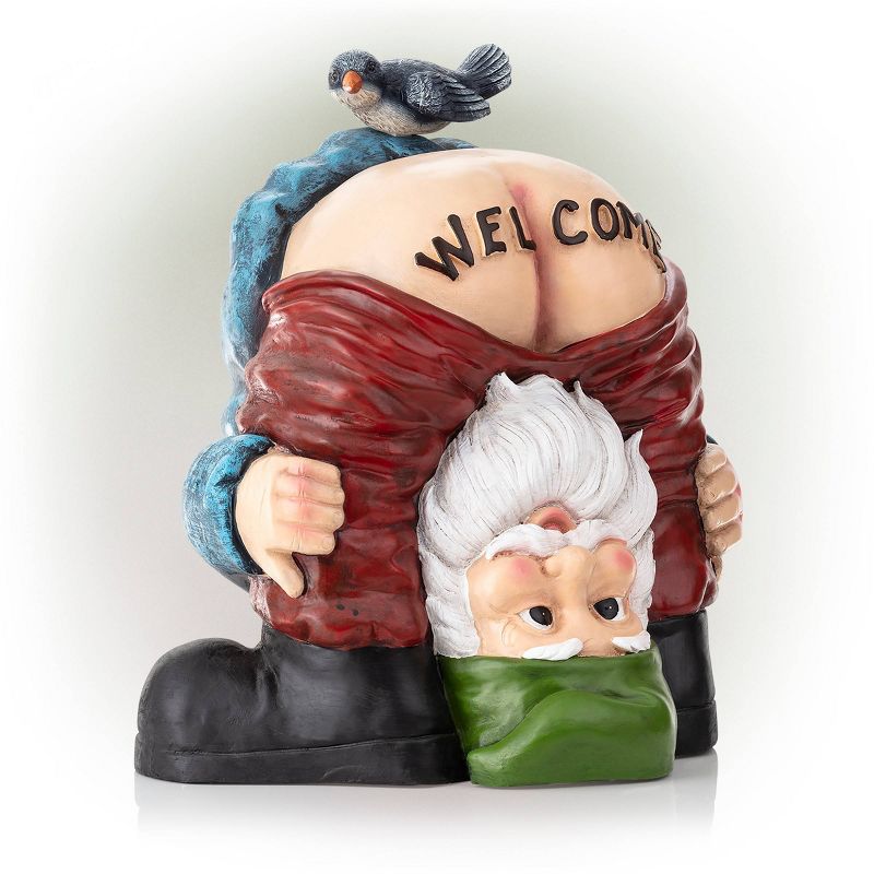 22&#34; Mooning &#34;Welcome&#34; Gnome with Bird Polyresin Statue Outdoor - Alpine Corporation, 4 of 9