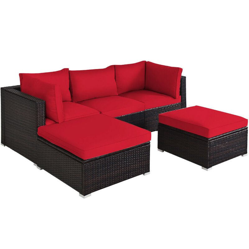 Tangkula 5-Piece Outdoor Patio Sectional Rattan Wicker Conversation Sofa Set with Turquoise/Yellowish Cushions, 5 of 7