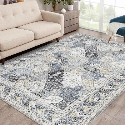 Living Room Rug 5x7 Washable Rug Traditional Indoor Aesthetic Carpet Vintage Floral Distressed Floor Cover Low Pile Non-Slip Throw Carpet Blue