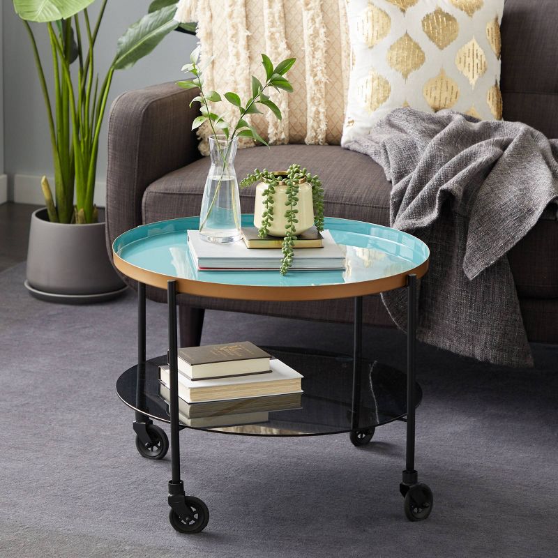 Round Metal Wheeled Coffee Table with Enamel Tray Top Black - Olivia &#38; May, 3 of 6