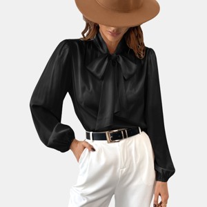 Women's Satin Long Sleeve Bow Tie Blouse - Cupshe - 1 of 4