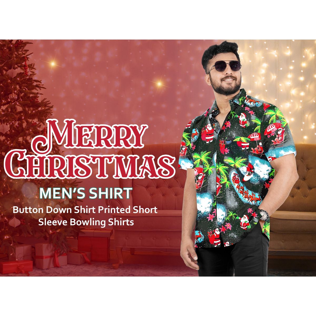 HAPPY BAY Mens Hawaiian Christmas Tree Shirts Short Sleeve Button Down Shirt Men's Tropical Shirts Shirts for Men Funny 5XL Black - thumbnail 6