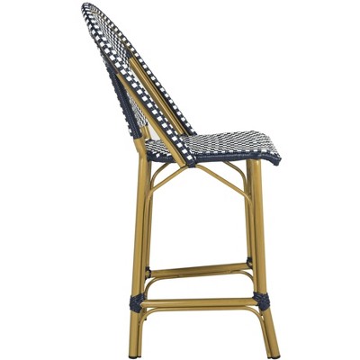 Navy and White French Bistro-Inspired Counter Stool with Wicker Accents