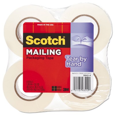 Scotch Tear-By-Hand Packaging Tape 1.88" x 50yds 1 1/2" Core Clear 4/Pack 38424