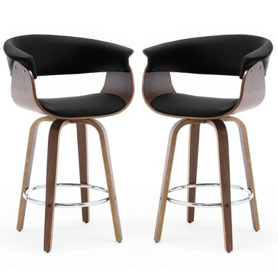 Bekrvio 26" Mid Century Modern Swivel Counter Height Bar Stools - PU Leather Upholstered with Back, Walnut Bent Wood Legs for Kitchen Island Dining