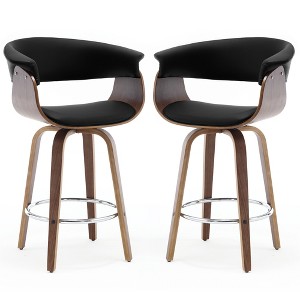 Bekrvio 26" Mid Century Modern Swivel Counter Height Bar Stools - PU Leather Upholstered with Back, Walnut Bent Wood Legs for Kitchen Island Dining - 1 of 4