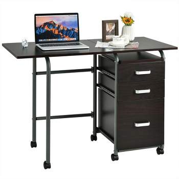 Costway Folding Computer Laptop Desk Wheeled Home Office Furniture w/3 Drawers Brown/Natural