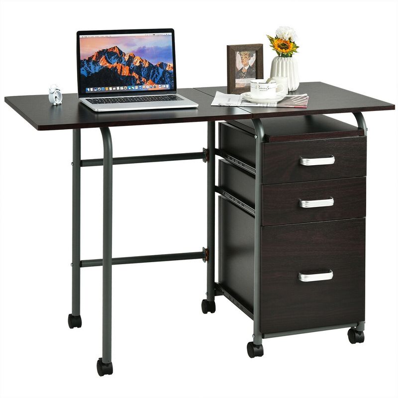 Costway Folding Computer Laptop Desk Wheeled Home Office Furniture w/3 Drawers Brown/Natural, 1 of 11
