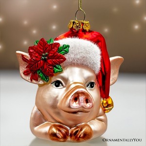 Charming Pig with Santa Hat Glass Christmas Ornament, Cute Farmhouse Tree Decor| OrnamentallyYou - 1 of 4