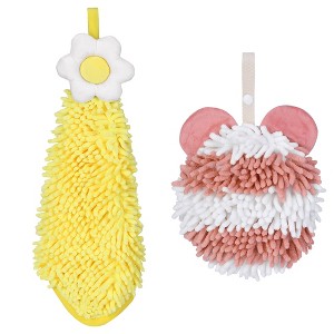 REGALWOVEN Soft Absorbent Cute Fuzzy Hanging Decorative Bathroom Chenille Hand Towel 6" x 15"/7" x 7" 2 Packs - 1 of 4