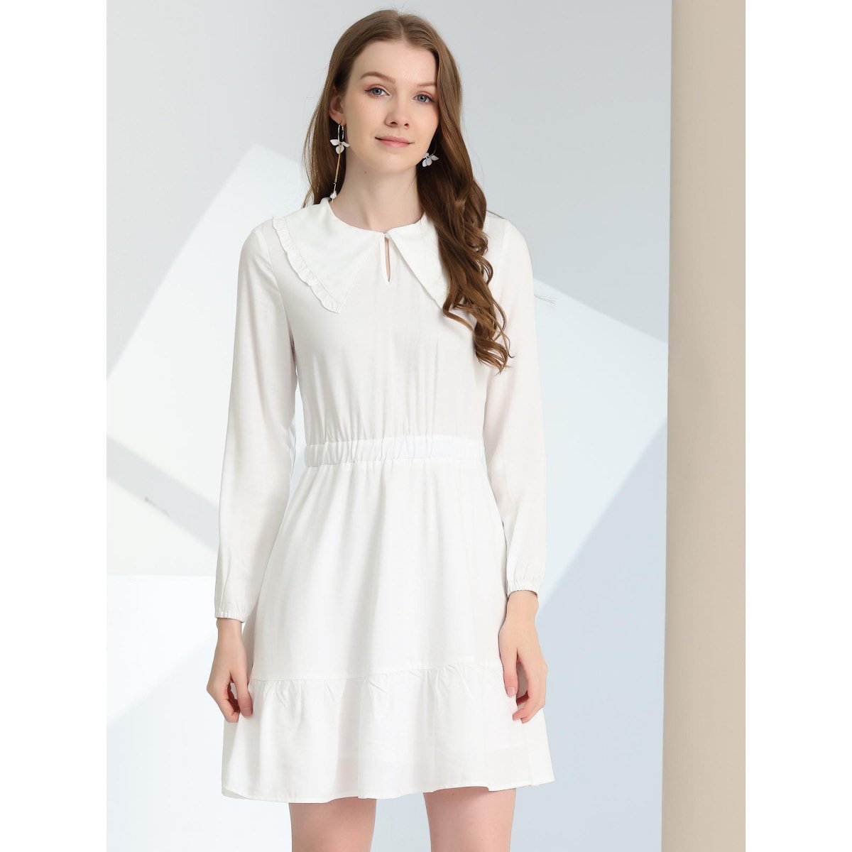 Женские платья INSPIRE CHIC Women's Casual Above Knee Ruffle Hem A-Line Long Sleeve Dress Small White — фото 2