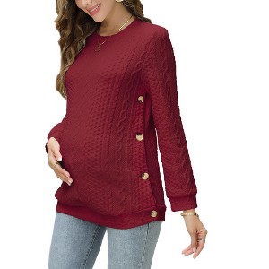 Clearlove Maternity Nursing Shirts Crew Neck Front Knit Long Sleeve Side Ruched Button Down Pregnance Sweater Blouse - 1 of 4
