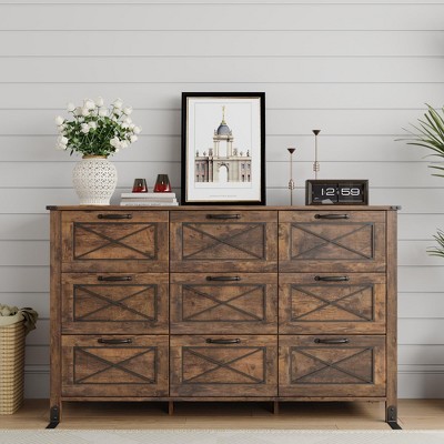 9 Drawers Dresser, Wood Rustic Chests of Drawers for TV Stand