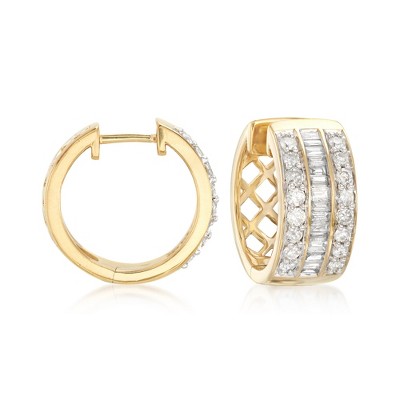 Ross-Simons 1.00 ct. t.w. Baguette and Round Diamond Hoop Earrings in 18kt Gold Over Sterling