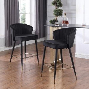21" Velvet Upholstered Counter Height Stool with Deep Channel Tufting and Tipped Metal Legs for Kitchen, Bar, or Dining Room - 1 of 4