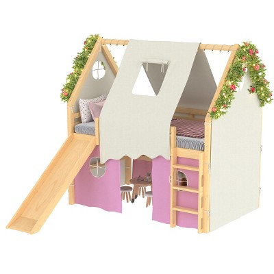 TopComfy Beds Full Size House Loft Bed with Sills and Tents Loft Bed with Ladders and Slide No Box Spring Needed for Bedroom, Pink, 78"*57.2"*80.6"