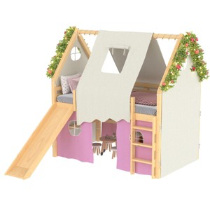 TopComfy Beds Full Size House Loft Bed with Sills and Tents Loft Bed with Ladders and Slide No Box Spring Needed for Bedroom, Pink, 78"*57.2"*80.6" - 1 of 4