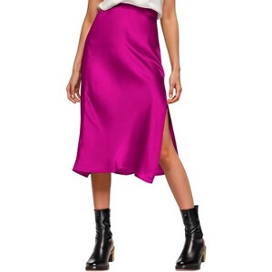 Women's Satin Midi Skirt - High Waist Slit Design with Comfortable Elastic Waistband Rosered - 1 of 4