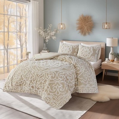 Taupe King Cotton Chenille Medallion Duvet Cover Set