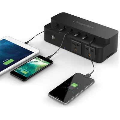 ChargeTech Power Strip Charging Station - 2 x AC Power, 2 x USB - Black