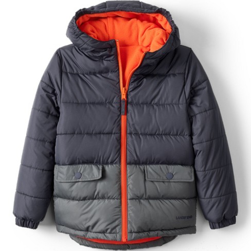 Lands' End Kids Reversible Fleece Puffer Hooded Jacket - X-Large - Black  Slate/Vivid Orange