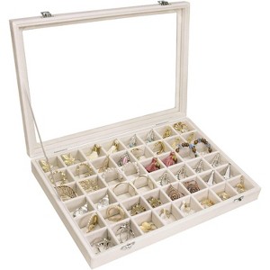 48-Grid Velvet Jewelry Tray with Transparent Lid, Display Organizer Box for Rings, Earrings & Necklaces, Beige - 1 of 4