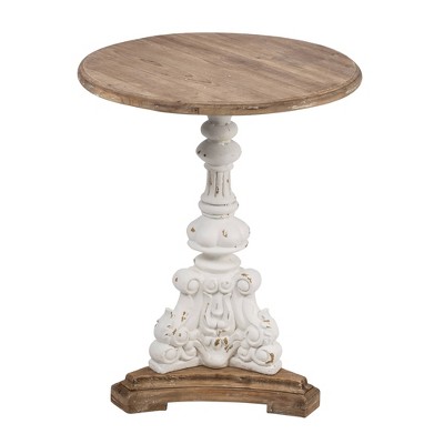 26" Round Side Table Antique White/Natural - A&B Home: Fir Wood Pedestal Base, Elegant Carving, No Tools Assembly