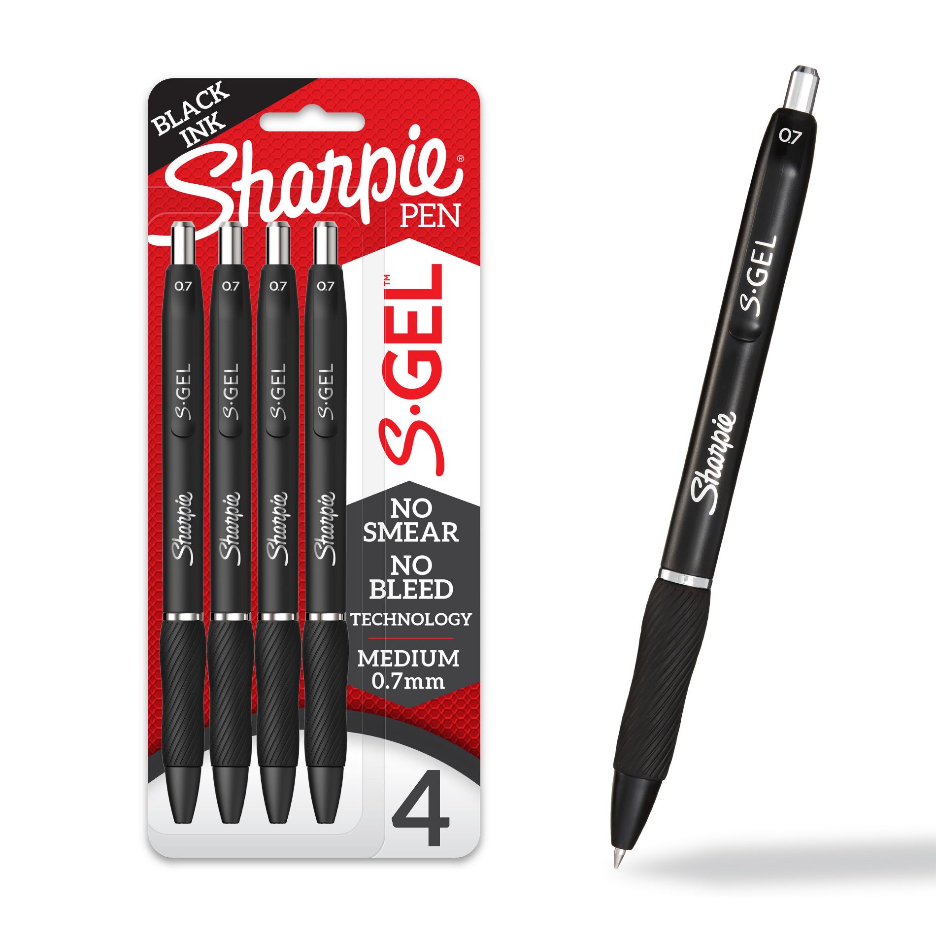 Sharpie. 4pk S-Gel Pens Black 0.7mm Medium Tip Black Ink: School Supplies, Stationery, Office, Pocket Clip, Rubber Grip, Retractable