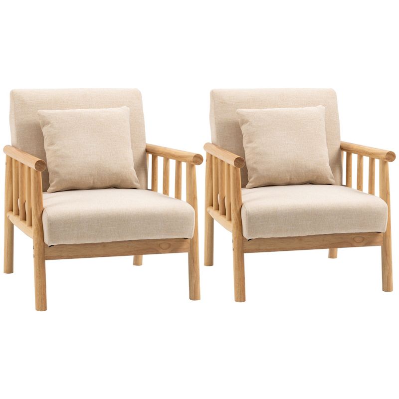 HOMCOM Accent Chair, Upholstered Arm Chair for Living Room Furniture, Comfy Chair for Bedroom, Living Room Chair, Set of 2, Beige, 1 of 7