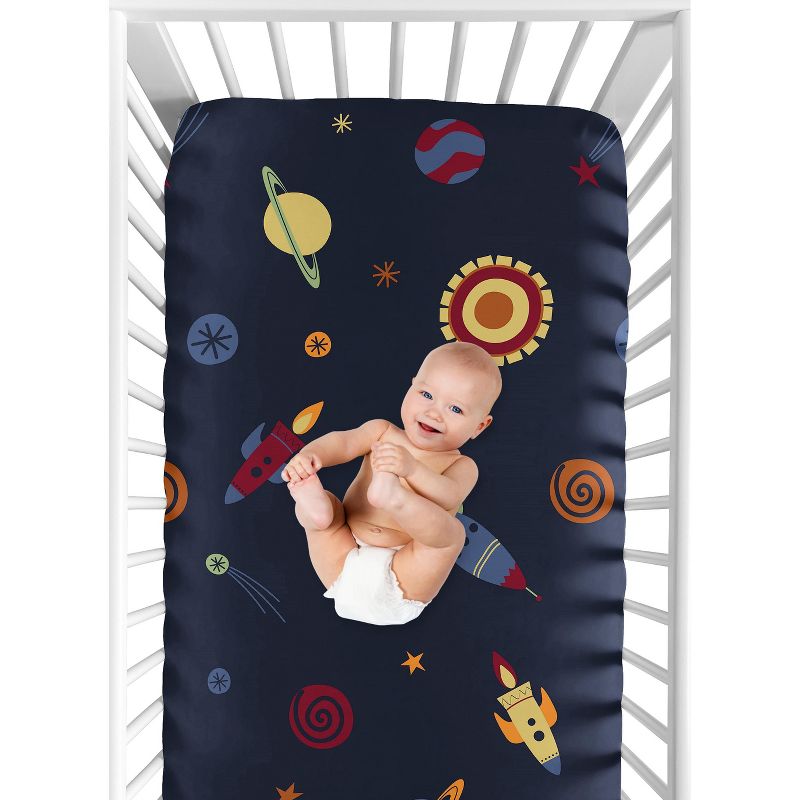 Sweet Jojo Designs Boy Baby Fitted Crib Sheet Space Galaxy Navy Blue Red and Yellow, 5 of 8