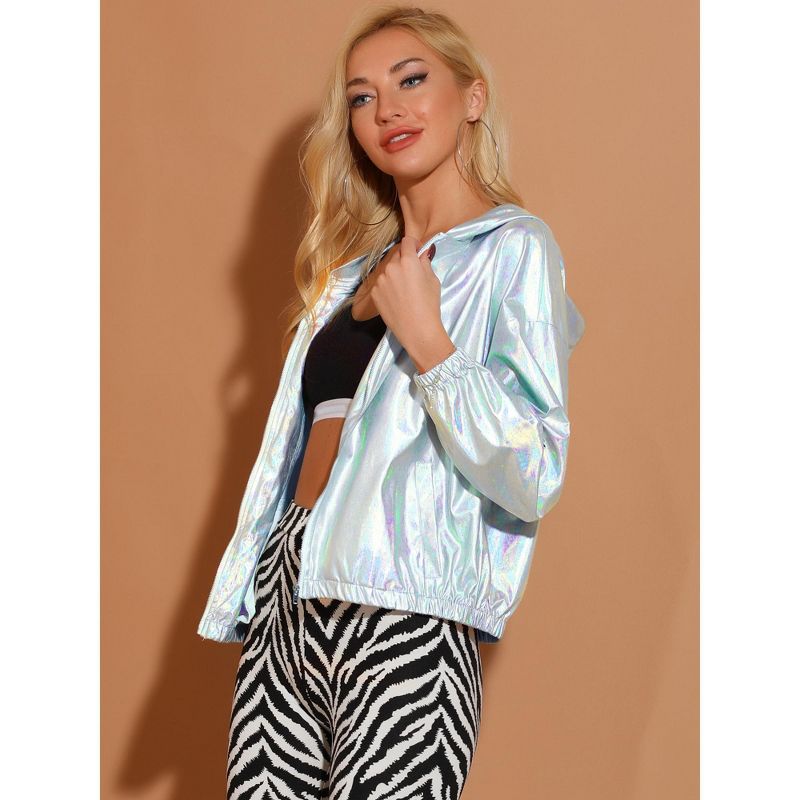 Allegra K Women's Holographic Shiny Long Sleeve Zipper Hooded Metallic Jacket, 5 of 8